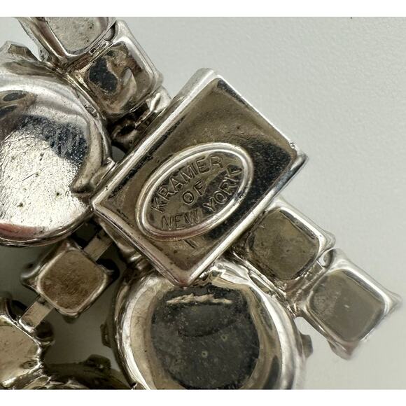 Kramer of New York silver tone milk glass rhinestones bracelet clip on earrings - Picture 8 of 10